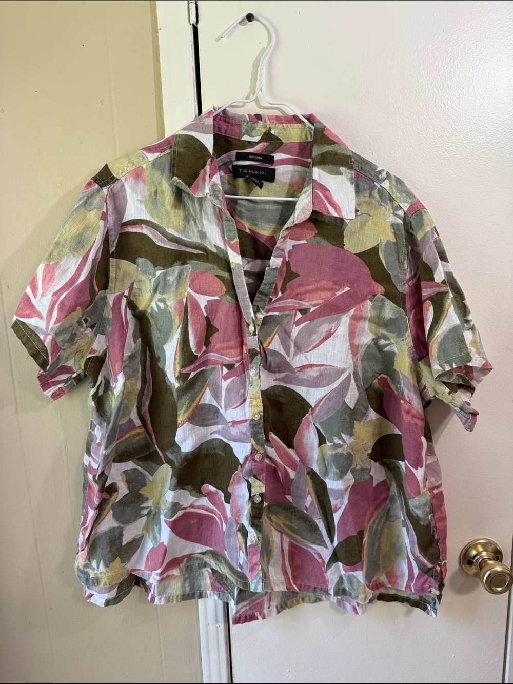 Tahari 100% Linen Floral Button Blouse Resort Vacation Beach High Low Top 1X - Picture 4 of 13